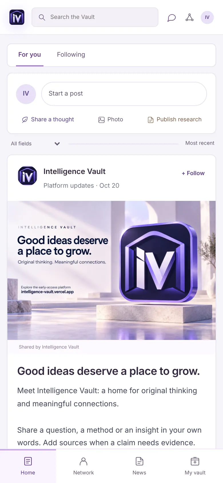 Intelligence Vault mobile screen